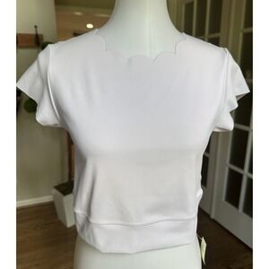 Offline by Aerie White Scallop Neck Crop Top Women's Size L Short Sleeve Stretch